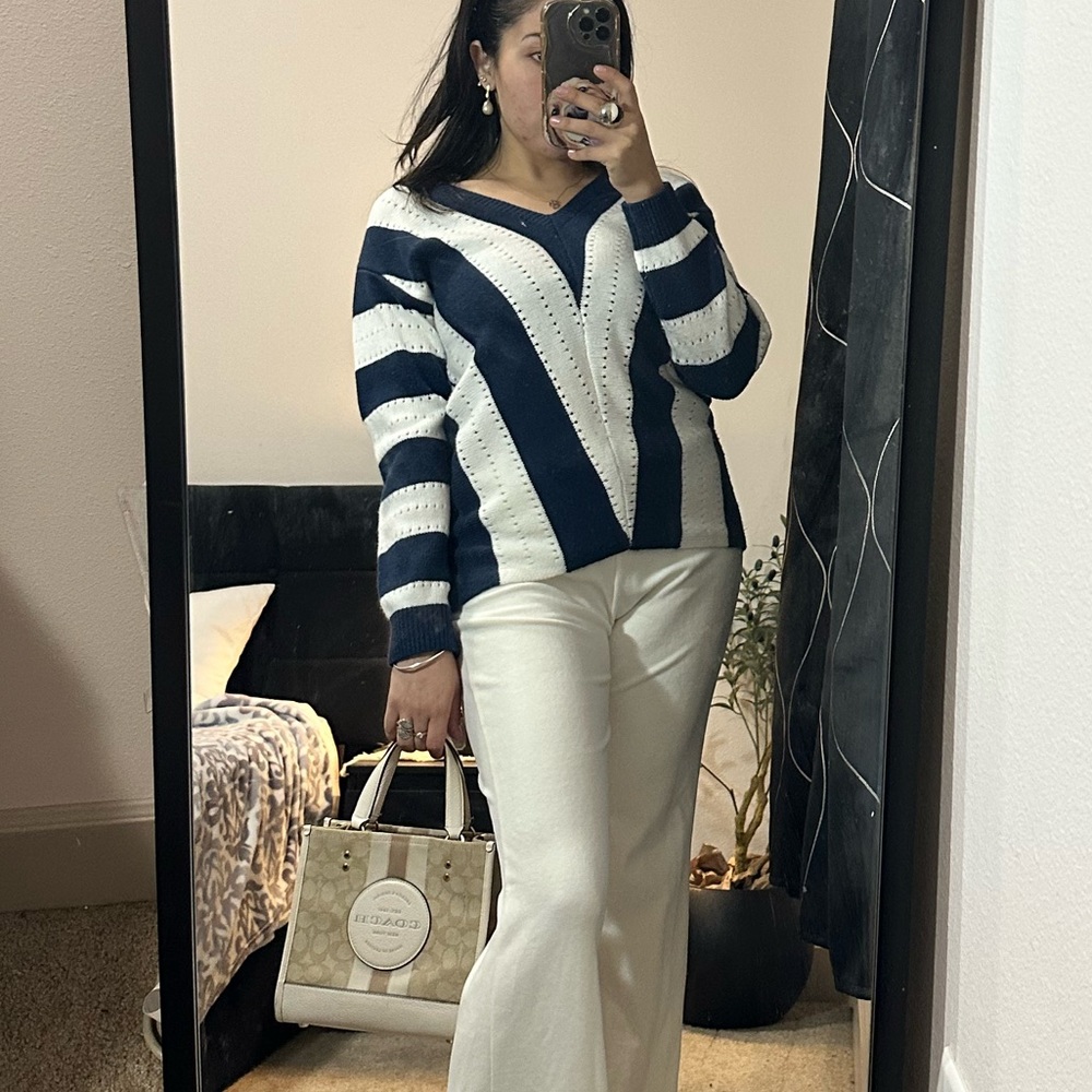 Navy & White Chevron Stripe Pointelle Knit V-Neck Sweater - Size S